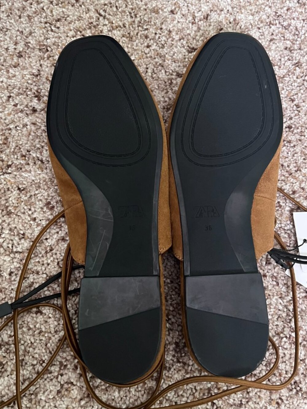 ZARA Dark Tan Suede Slingback Ballet Flats Lace Up Eyelet Shoes Size 6 NWT Chic - Picture 10 of 10